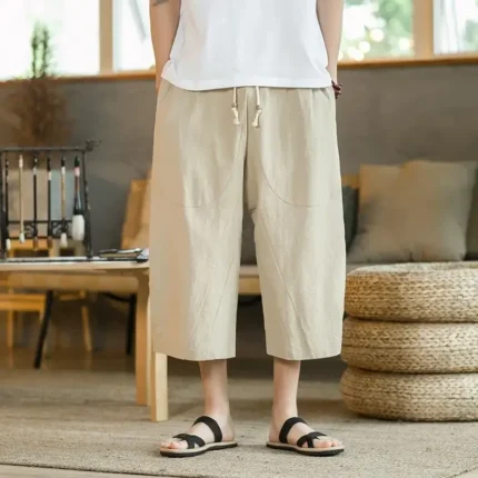 Linen cropped pants men's Chinese style loose thin section wide-leg cropped pants youth summer large size cotton and linen casual shorts