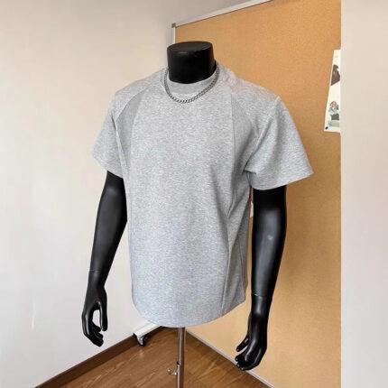 Grey Cleanfit Patchwork Shoulder Short Sleeve Men's Summer Small Neckline Half-Sleeve American High Street Heavy T-Shirt