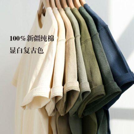 Cotton heavy loose base shirt casual basic short sleeve T-shirt cotton retro solid color crew neck Japanese men's love
