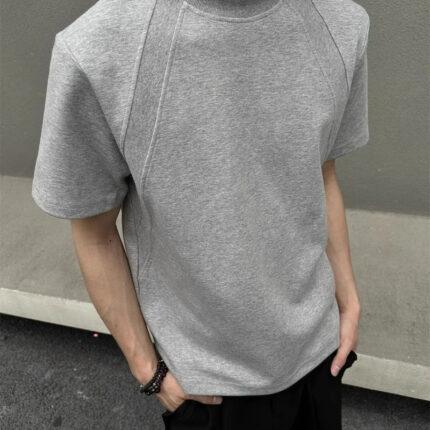 Grey Cleanfit Patchwork Shoulder Short Sleeve Men's Summer Small Neckline Half-Sleeve American High Street Heavy T-Shirt