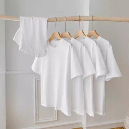 Summer 180g cotton T-shirt, men's short sleeve, versatile, casual, heavy, solid color loose top, white base layer underneath