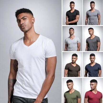 Wholesale summer solid color V-neck white t-shirt tight base shirt men's short sleeve sweetheart neck white t inner layer slim bottom