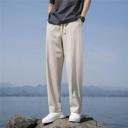 Linen trousers men's 2025 new summer cotton and linen pants thin draped wide leg loose and versatile straight leg slacks